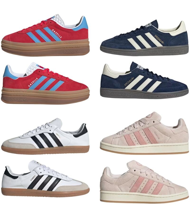 different types of adidas trainers, including red gazelles, pink campus, white sambas and blue spezials